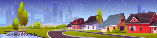 Suburb district with houses in rain. Vector cartoon illustration of summer landscape with buildings at storm weather. Suburban street with cottages, trees, bushes and big puddle