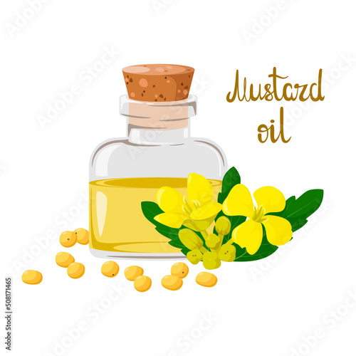 Glass jar with mustard oil on a white background.
