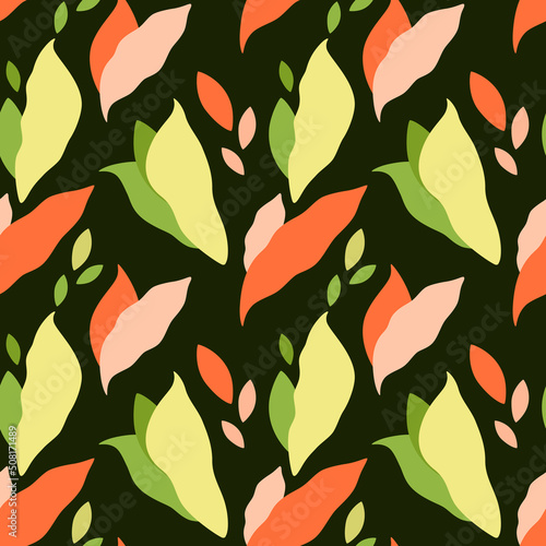 Seamless pattern with abstract leaves on a dark background. 