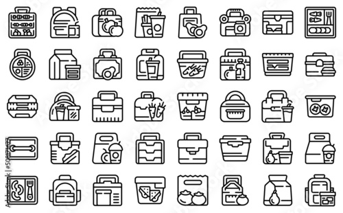 Kids lunch box icons set outline vector. Kid snack. Breakfast pack