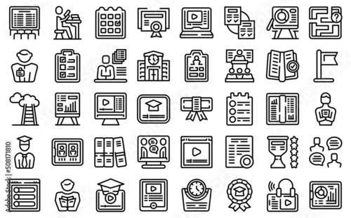 Professional development of teachers icons set outline vector. Webinar personal. Laptop webinar
