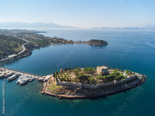 Aerial view of Guvercinada Island with scenic castle, Kusadasi