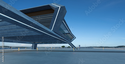 3d perspective view of empty concrete floor and modern rooftop building