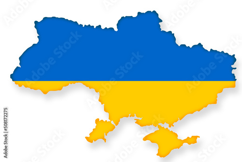 Ukraine map on Ukrainian flag on white background
