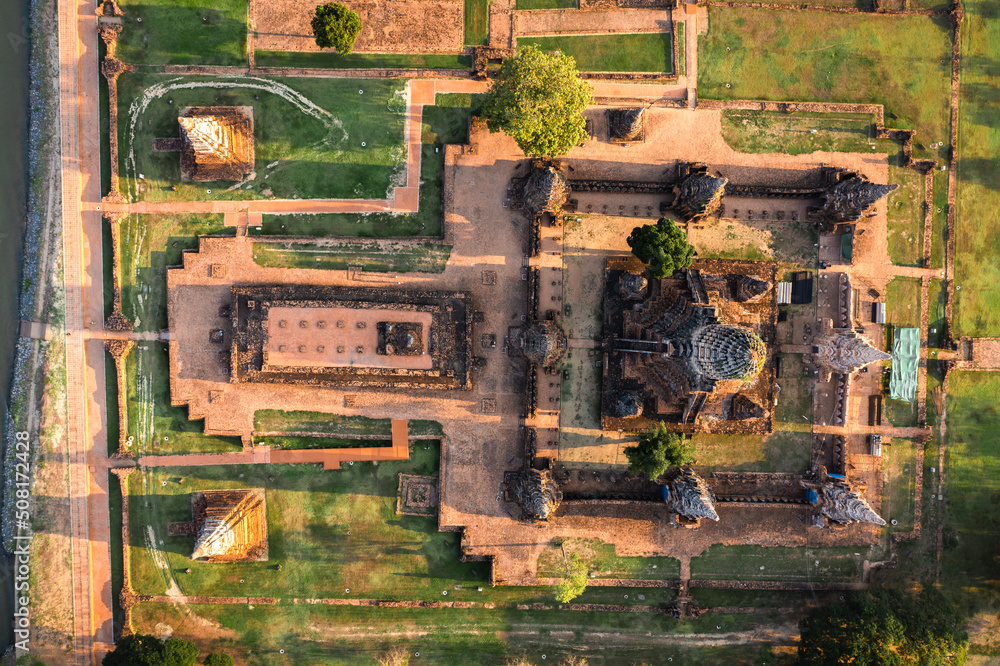 Aerial view of Wat Chaiwatthanaram, famous ruin temple near the Chao Phraya river in Ayutthaya, Thailand