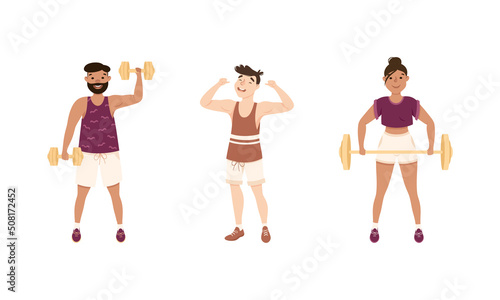 Young Male and Female in Athletic Wear at Gym Doing Physical Exercise and Workout Vector Set
