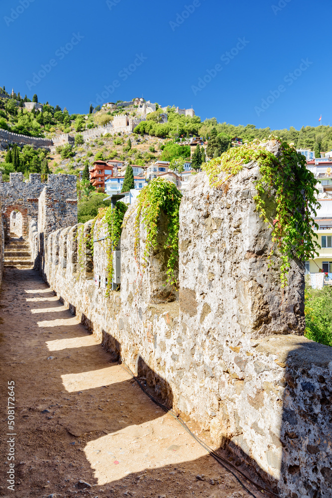 Scenic walkway along fortress walls of Alanya Castle in Turkey
