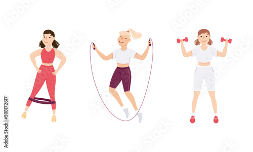 Young Female in Athletic Wear at Gym Doing Physical Exercise and Workout Vector Set
