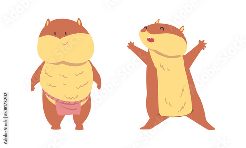 Cute Hamster Character with Stout Body Standing and Outstretching Paw Vector Set