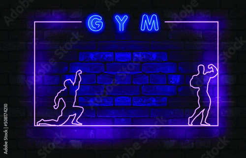 Gym neon sign logo. Glowing inscription with kettle bell and barbell on dark blue brick background. Vector illustration can be used for fitness clubs, sports, trainings
