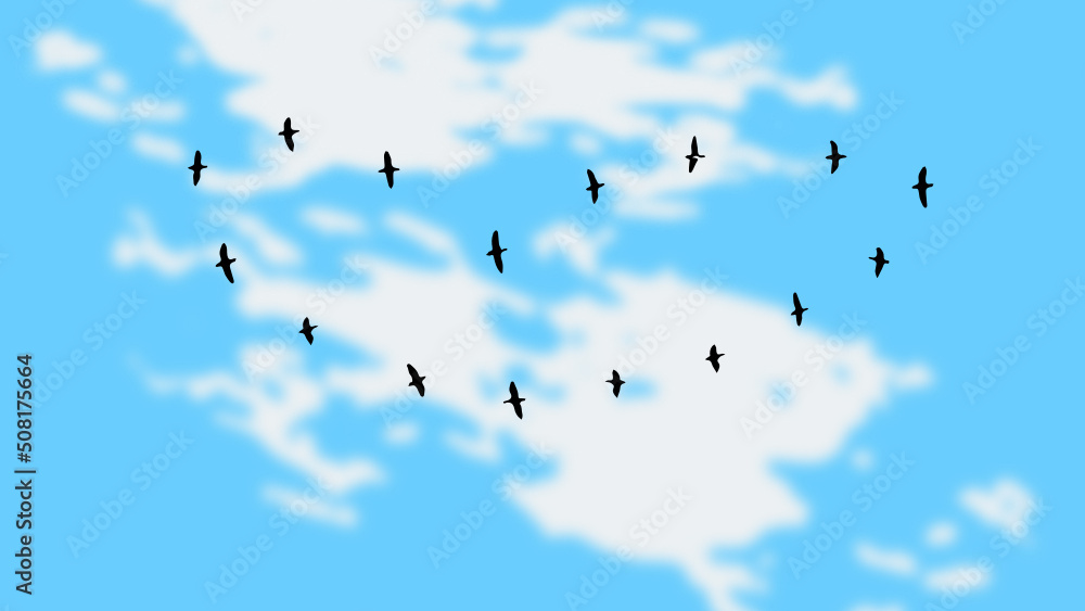 Obraz premium A flock of birds forming a heart shape in a sunny blue sky with white clouds, vector illustration