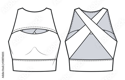 Girl's Sport Bra fashion flat  sketch template. Women's active wear Crop Top technical fashion illustration, front and back view, white. Tank Top fashion cad.