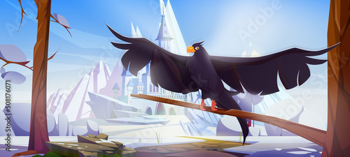 Crow with black wings on background of fantasy medieval castle. Vector cartoon illustration of winter landscape with flying raven, bare trees, snow and old royal chateau