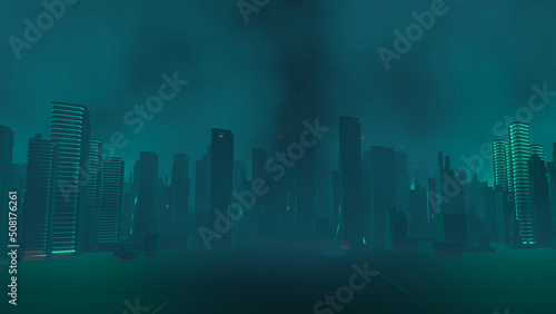 3d render of Cyber punk night city landscape concept. Light glowing on dark scene. Night life. Technology network for 5g. Beyond generation and futuristic of Sci-Fi Capital city and building scene.