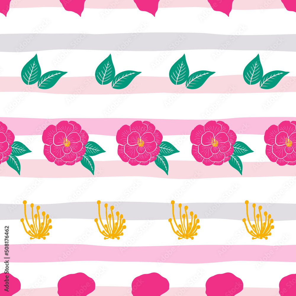 Minimal camellia seamless pattern design on pastel stripes