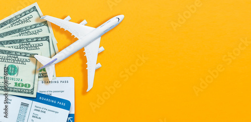 Model plane, airplane on pastel color background. Flat lay design.