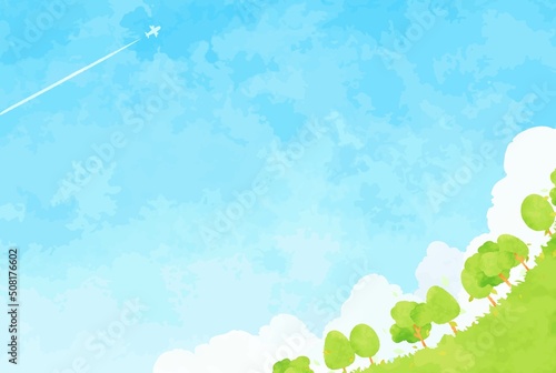 爽やかな青空と森林の風景イラスト