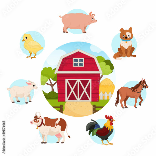 Vector set of farm animals. Cartoon illustrations of cute pets. Farm vector background. 