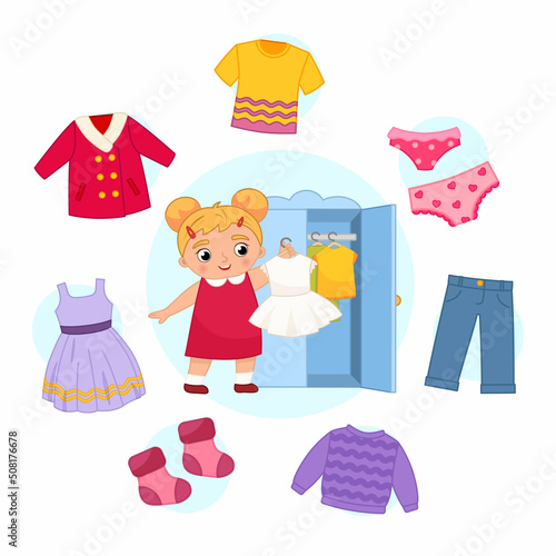 Vector illustration of a cute little girl puts away clothes in the closet. Set of icons of various clothes. Collection of clothes in cartoon style.
