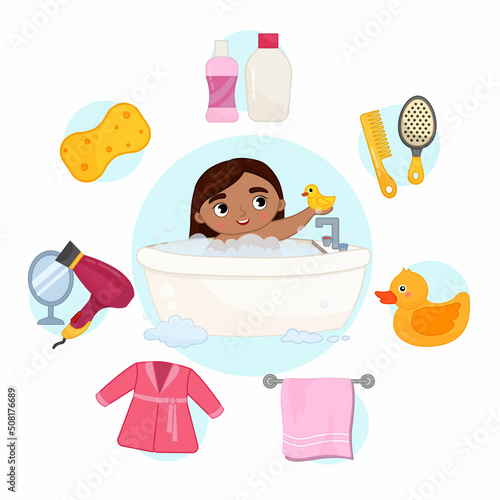 Vector illustration of a cute girl takes a bath. Bathroom icons set in cartoon style.
