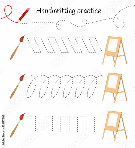 Handwriting practice sheet. Basic writing. Educational game for children. 
Cartoon images of brushes and easels.