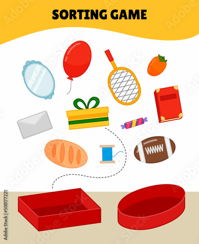 Matching children educational game. Activity for presсhool years kids and toddlers.Put the objects in a box of the correct geometric shape.  Teaching oval and rectangle shapes.
