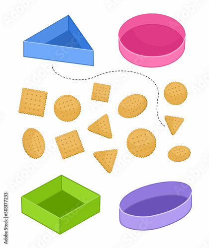 Matching children educational game. Activity for presсhool years kids and toddlers.Put cookies in boxes of the correct geometric shape. 
