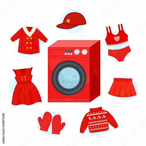 A large set of clothes for teaching colors. Cartoon vector illustration of a red washing machine and a set of red clothes. Template for children's educational games with Velcro, workbooks.
