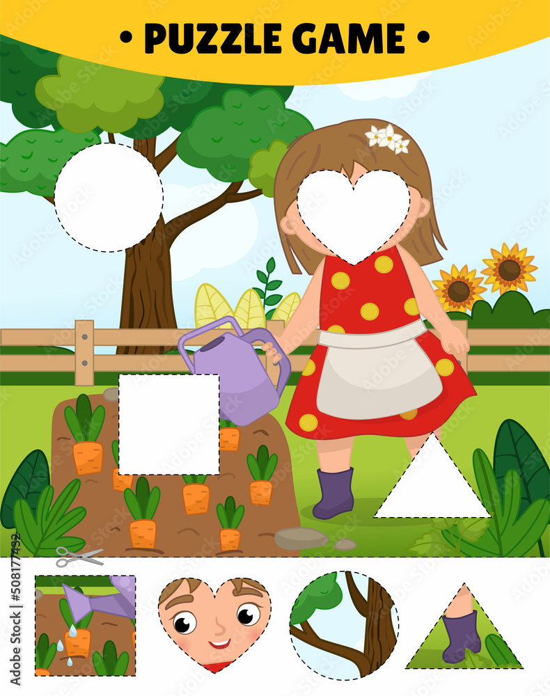 Fototapeta premium Educational game for kids. The study of geometric shapes. Puzzles for preschoolers. Illustration of cute little girl is watering a garden with carrots. 