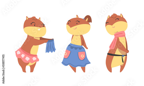 Cute Hamster Character with Stout Body Wearing Skirt and Smiling Vector Set