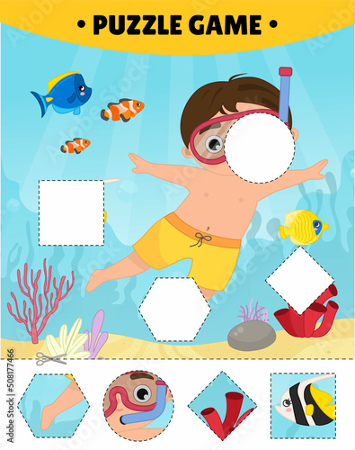 Educational game for kids. Cut out the pieces and glue them in the right place. The study of geometric shapes. Puzzles for preschoolers. Illustration of a cute boy is snorkeling.
