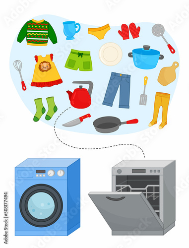 Matching children educational game. Put clothes in the washing machine and dishes in the dishwasher. Activity for pre sсhool years kids and toddlers.

