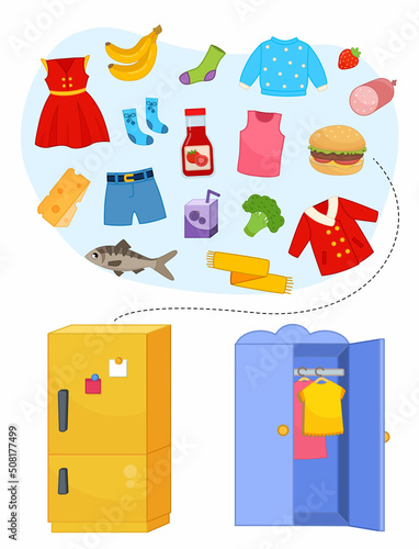 Matching children educational game. Put food in the fridge and clothes in the closet. Activity for pre sсhool years kids and toddlers.
