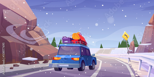 Winter landscape with car with luggage drive on road. Vector cartoon illustration of roadtrip, vacation travel. Nature scene with mountains, trees, snow and auto with baggage on roof on highway
