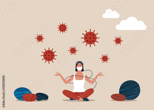 Woman meditate and yoga at to stay calm, COVID-19 virus around. Stay calm at by meditation or yoga in social distancing self isolation in COVID-19 Coronavirus outbreak lockdown concept.