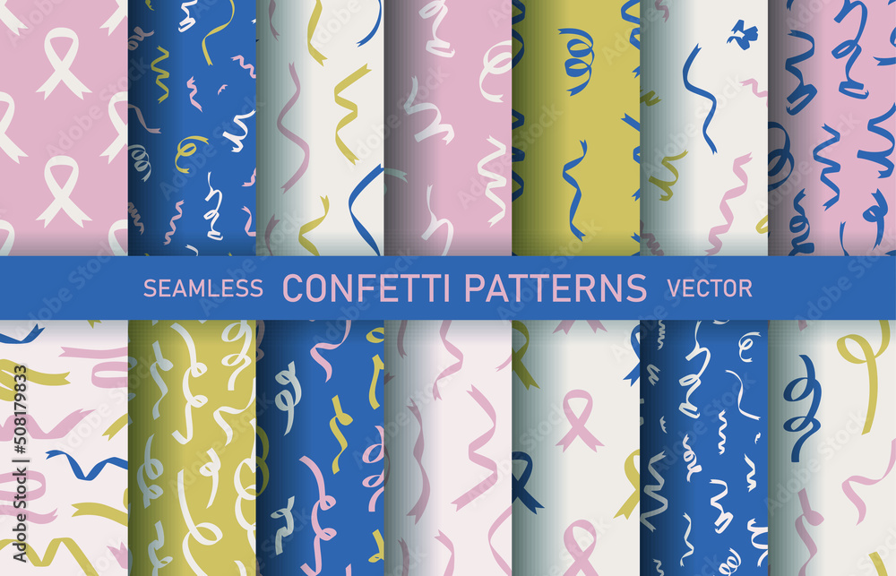 Set of seamless vector celebration patterns with confetti ribbons ...