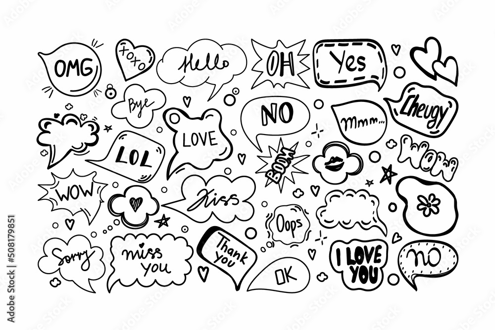 A set of speech bubbles with hand-drawn dialogue words in doodle style. Hello, love, sorry, love, I love you, kiss, no, bye, OMG, kiss trail, boom, lol. Speech patterns. Vector illustration.
