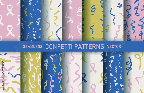 Set of seamless vector celebration patterns with confetti ribbons. Collection of flying tinsel elements, serpentine streamers confetti falling party backgrounds.	