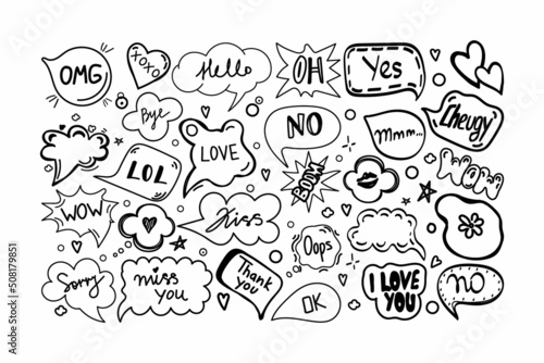 A set of speech bubbles with hand-drawn dialogue words in doodle style. Hello  love  sorry  love  I love you  kiss  no  bye  OMG  kiss trail  boom  lol. Speech patterns. Vector illustration.