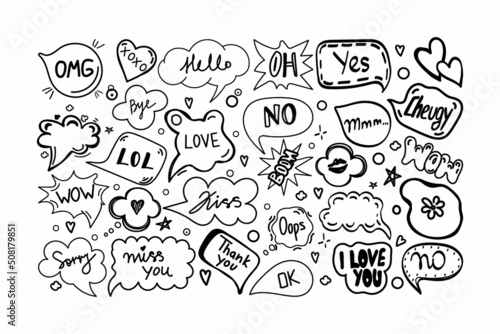 A set of speech bubbles with hand-drawn dialogue words in doodle style. Hello, love, sorry, love, I love you, kiss, no, bye, OMG, kiss trail, boom, lol. Speech patterns. Vector illustration.