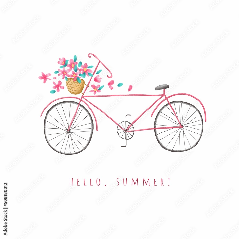 Cute bike with a basket of flowers. The inscription Cute bike with a basket of flowers. The inscription