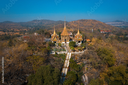 Aerial view of Wat Khao Phra Si Sanphet  temple on top of the hill  in Suphan Buri  Thailand