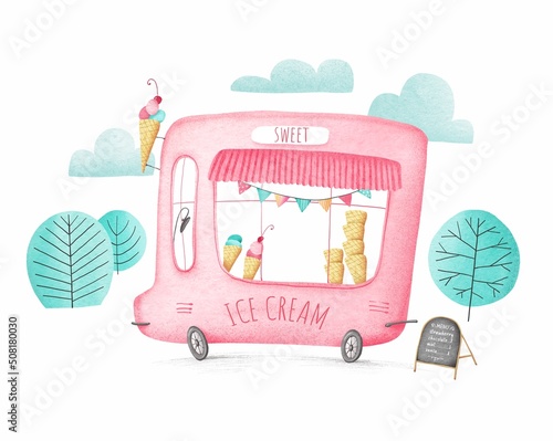 Cute cartoon ice cream truck on white background. Pink ice cream bus. Summer. Trees and clouds. Stock illustration.