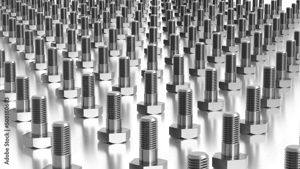 Obraz premium Many bolts in rows and columns, going far to the horizon. Industrial background 3d illustration