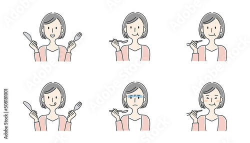 手描き風・食事をする女性のベクターイラストセット