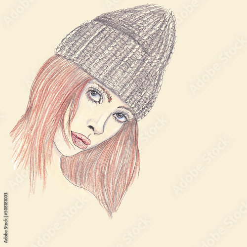 Portrait of a stranger in a stylish knitted hat. Drawing with colored pencils