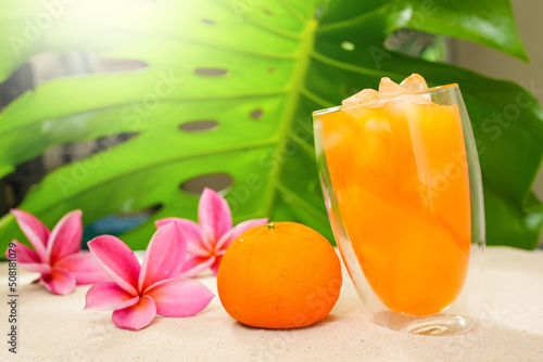 Glass Iced Tangerine Juice Against Monstera Leaf Background. Summer Refreshing Drink. 