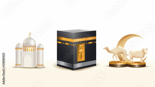 3d design vector element of Kaaba, mosque, camel, podium suitable for islamic celebration day ramadan kareem, iftar, or eid al fitr and adha