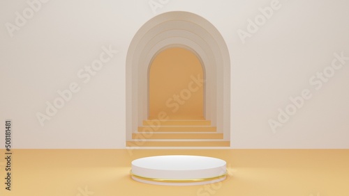 white and Gold backgroundwith podium. stand to show cosmetic products. Stage showcase on pedestal cosmetic product display stage background for branding and product presentation.3d render illustration