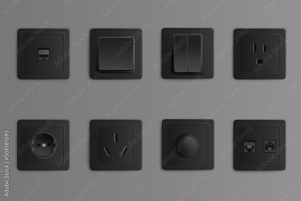 Electric sockets and switches on wall. Vector realistic set of 3d different types toggles and outlet for chinese, european and russian plugs, adapter connectors. Black plastic house supplies Electric sockets and switches on wall. Vector realistic set of 3d different types toggles and outlet for chinese, european and russian plugs, adapter connectors. Black plastic house supplies
